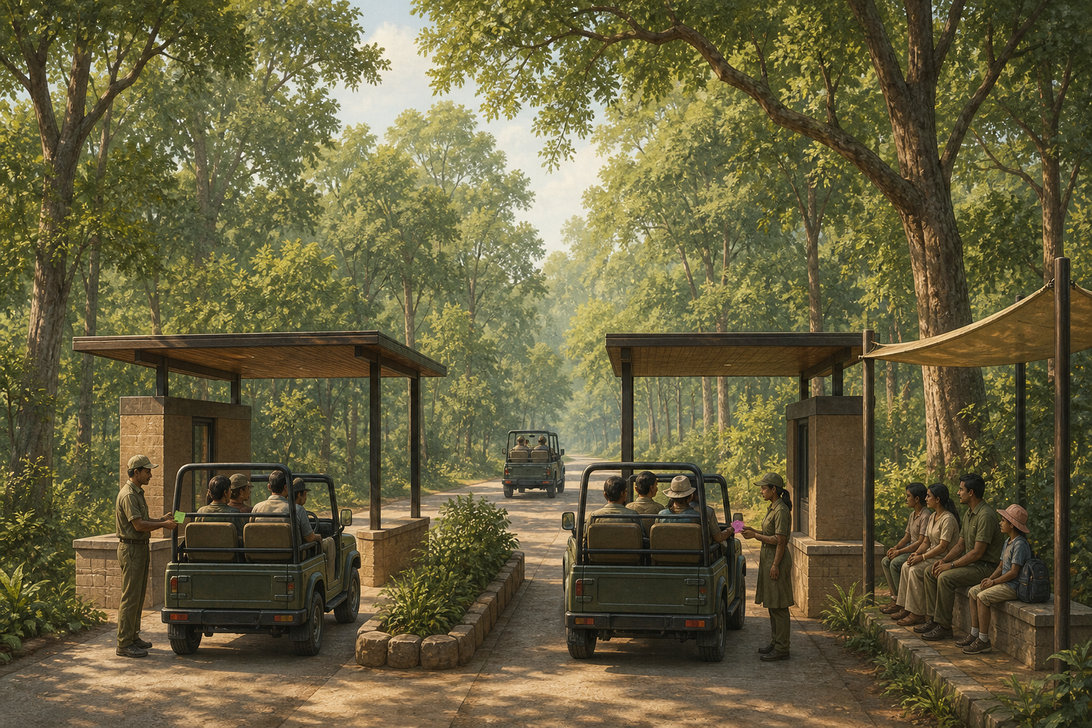 Forest staff check blank access cards as a limited number of safari jeeps move through an orderly reserve entrance.