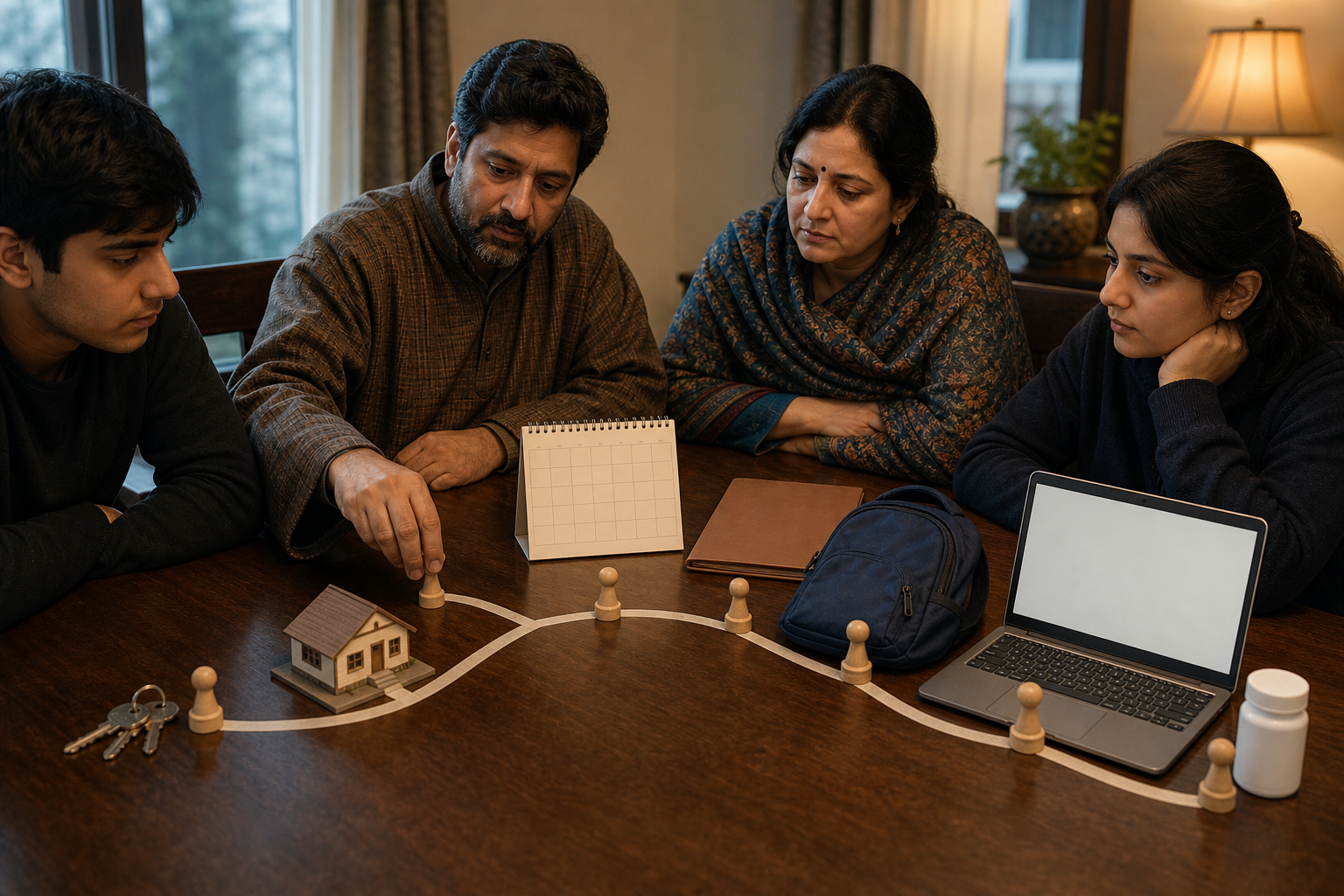 Family members discuss a possible return around a table holding house keys, a home model, a school bag, a laptop, medicine, and planning markers.