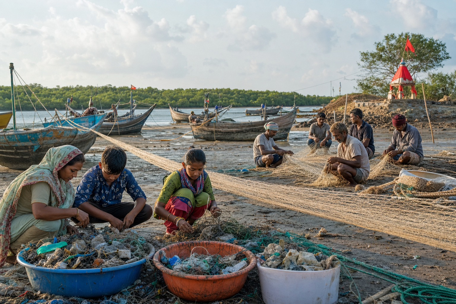 Fishing families and volunteers sort marine debris and repair nets near mangroves, boats, and a small coastal shrine.