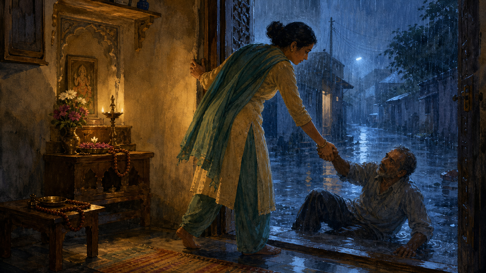 A South Asian adult leaves a lamp-lit prayer corner and reaches through a rain-swept doorway to help a neighbor from the ground.