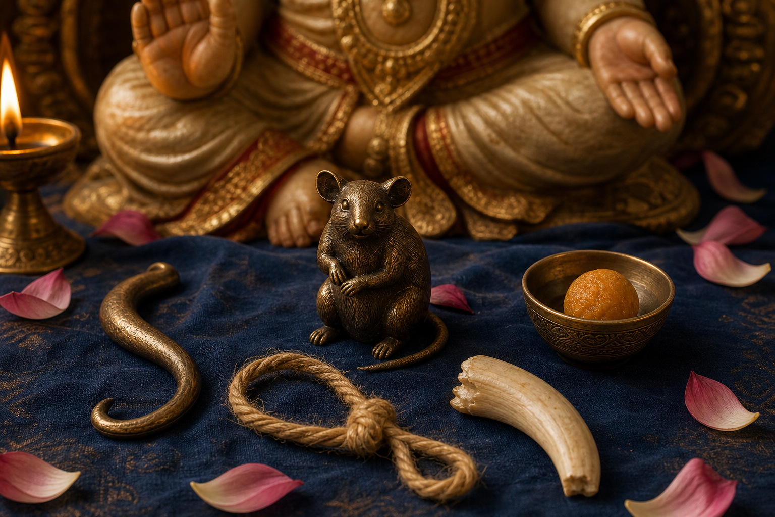 A small mouse sits beside a goad, noose, broken tusk, and bowl of sweets at the feet of Ganesha.