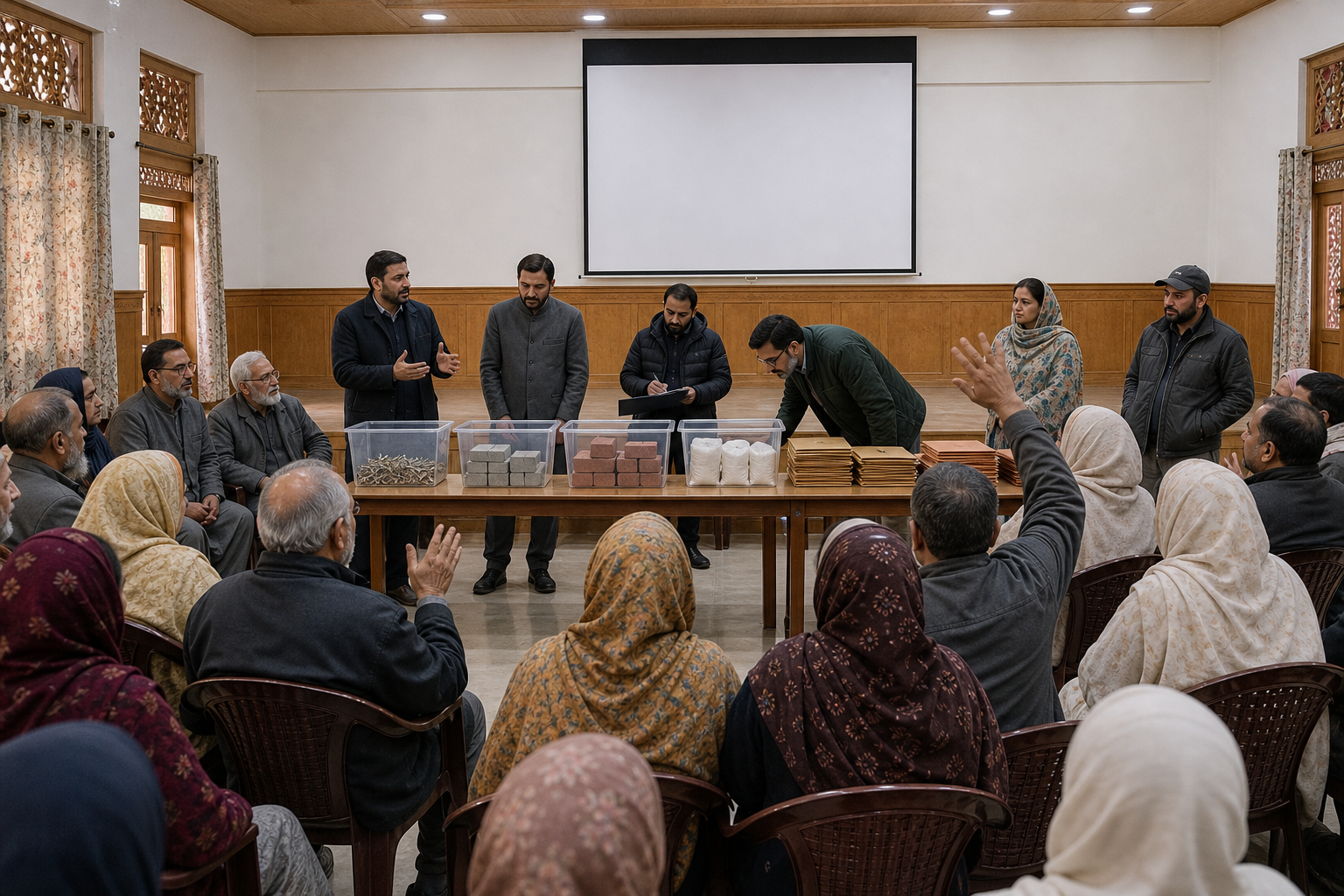 Families and organizers meet in a public hall where housing keys, building materials, assistance packets, and records are displayed for inspection.