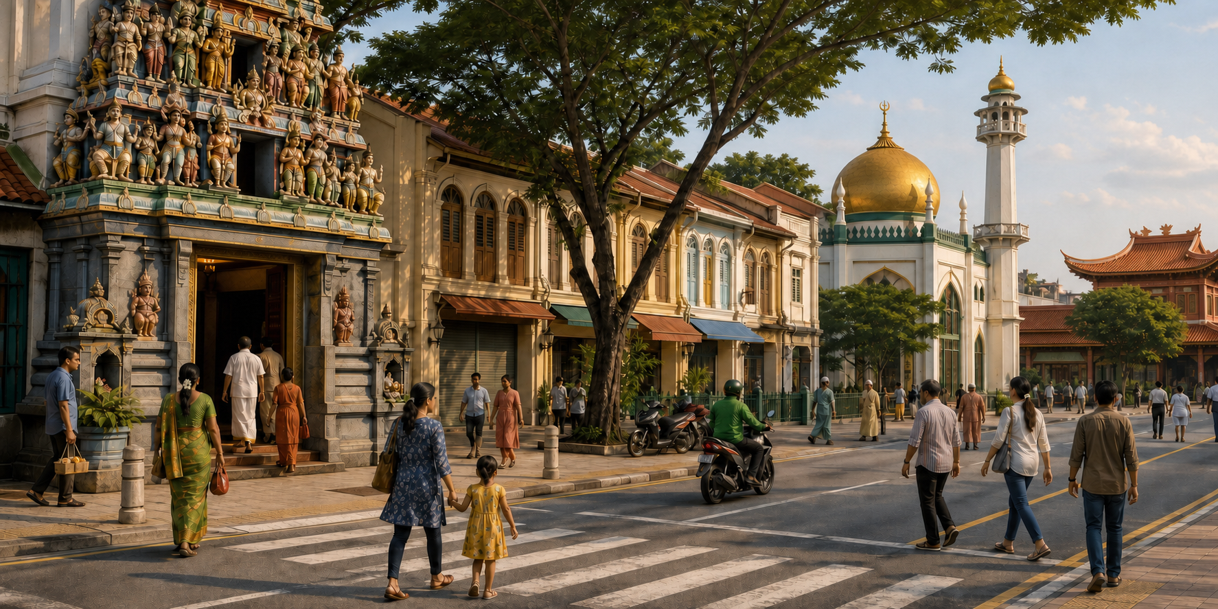 Shared urban street with a Hindu temple entrance, a mosque dome and minaret, a Buddhist temple roof, shophouses and pedestrians.