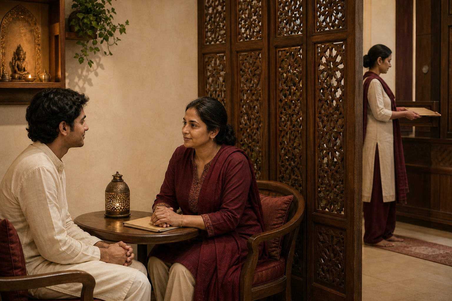 A devotee speaks privately with a caregiver behind a carved screen as a sealed blank folder is passed to an authorized coordinator outside the alcove.