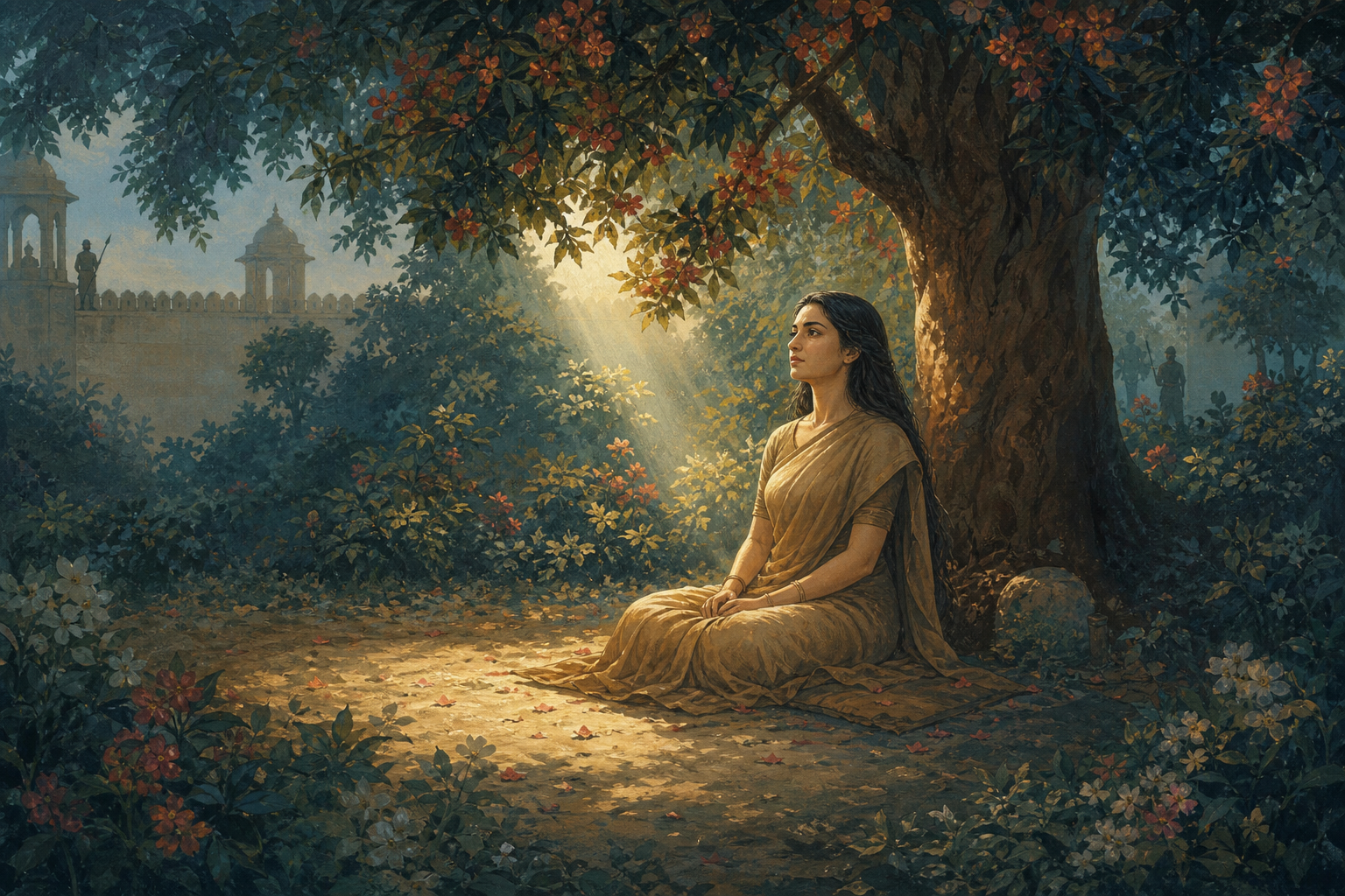 An illustrated Sita sits upright beneath a flowering ashoka tree, surrounded by shadowed foliage and distant guards.