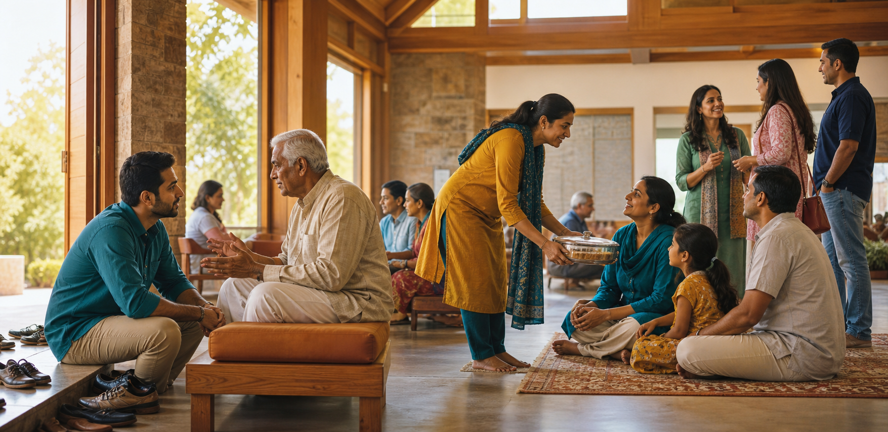 Volunteers in a mandir community hall listen to an older man, bring food to a family, and welcome a newcomer into a small group.