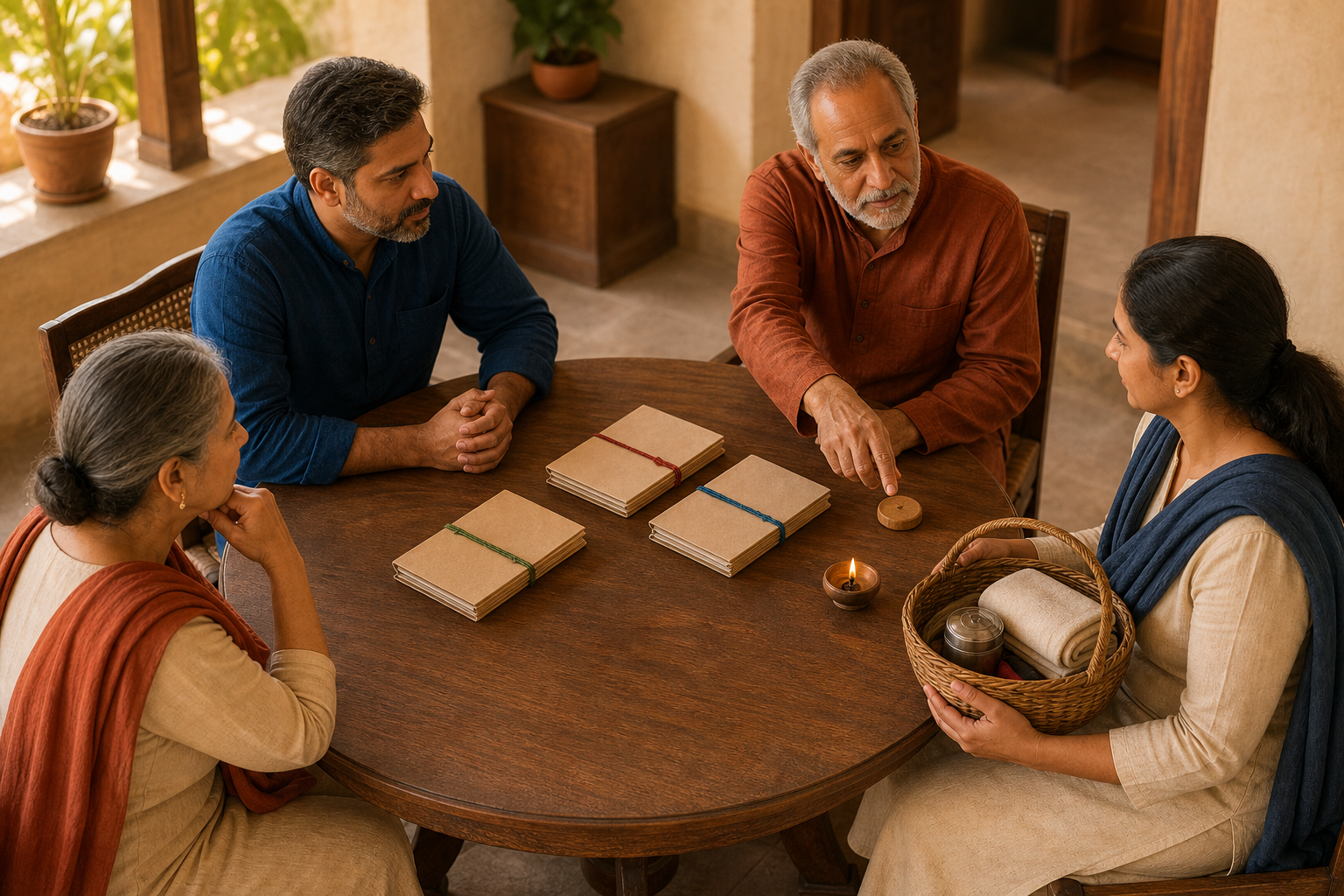A community-care team reviews blank case folders and assigns a wooden token, assistance basket, and follow-up lamp to one volunteer.