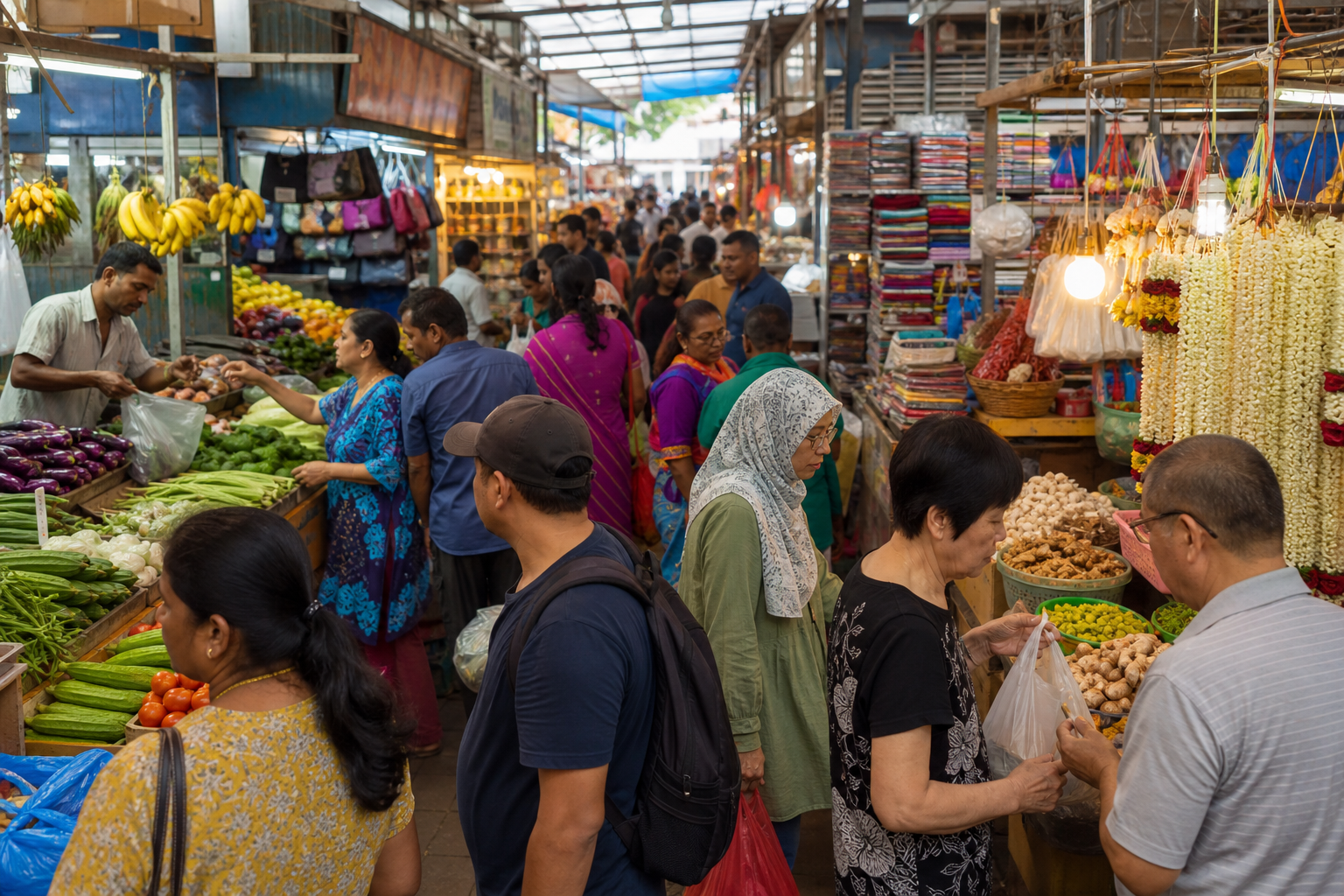 Shoppers and vendors in a covered Little India market surrounded by vegetables, fruit, spices, flower garlands and folded textiles.