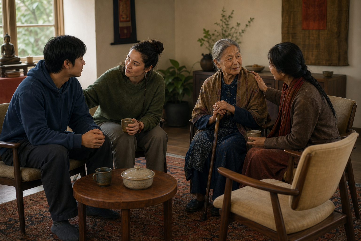 Four community members sit in a small listening circle with tea, while a volunteer checks in with a young adult and includes an older woman with a cane.
