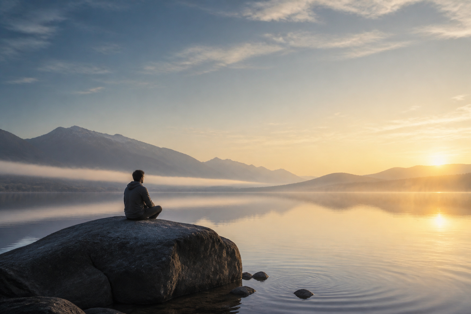 A relaxed person sits beside a still mountain lake at dawn as soft mist and reflected sky merge across the water.