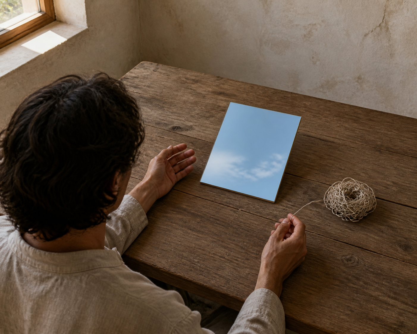 A seated person looks into a small mirror reflecting open sky while holding a loose thread beside a tangled bundle.
