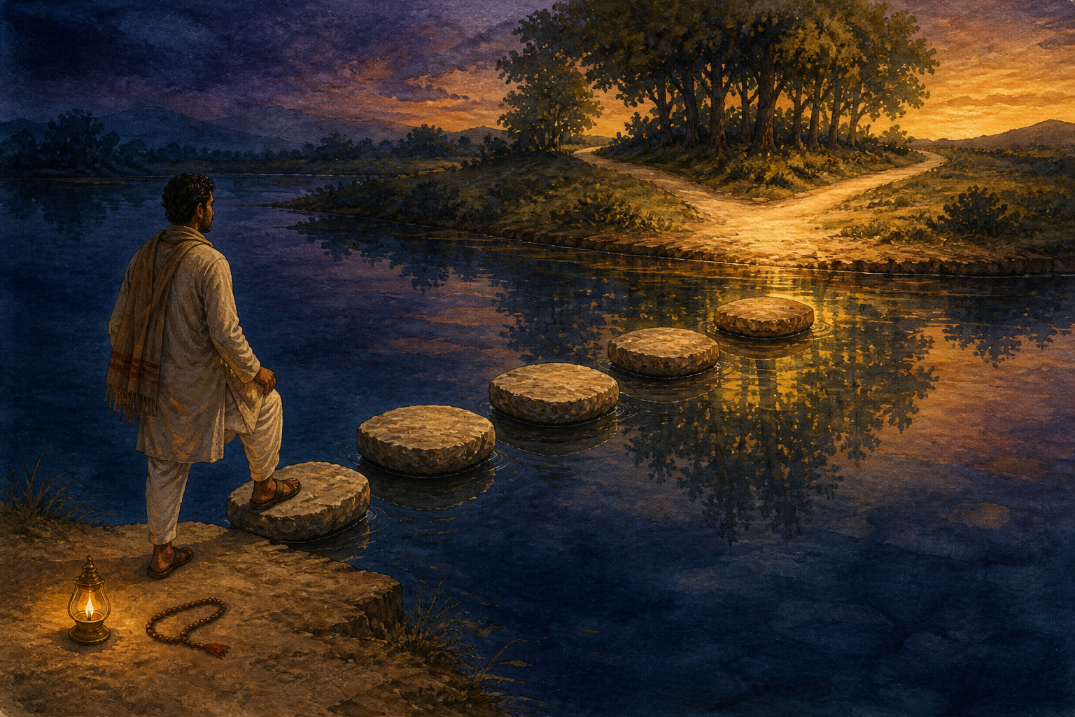 A person faces five stepping stones crossing dark water toward a sunlit path that divides beyond the opposite bank.