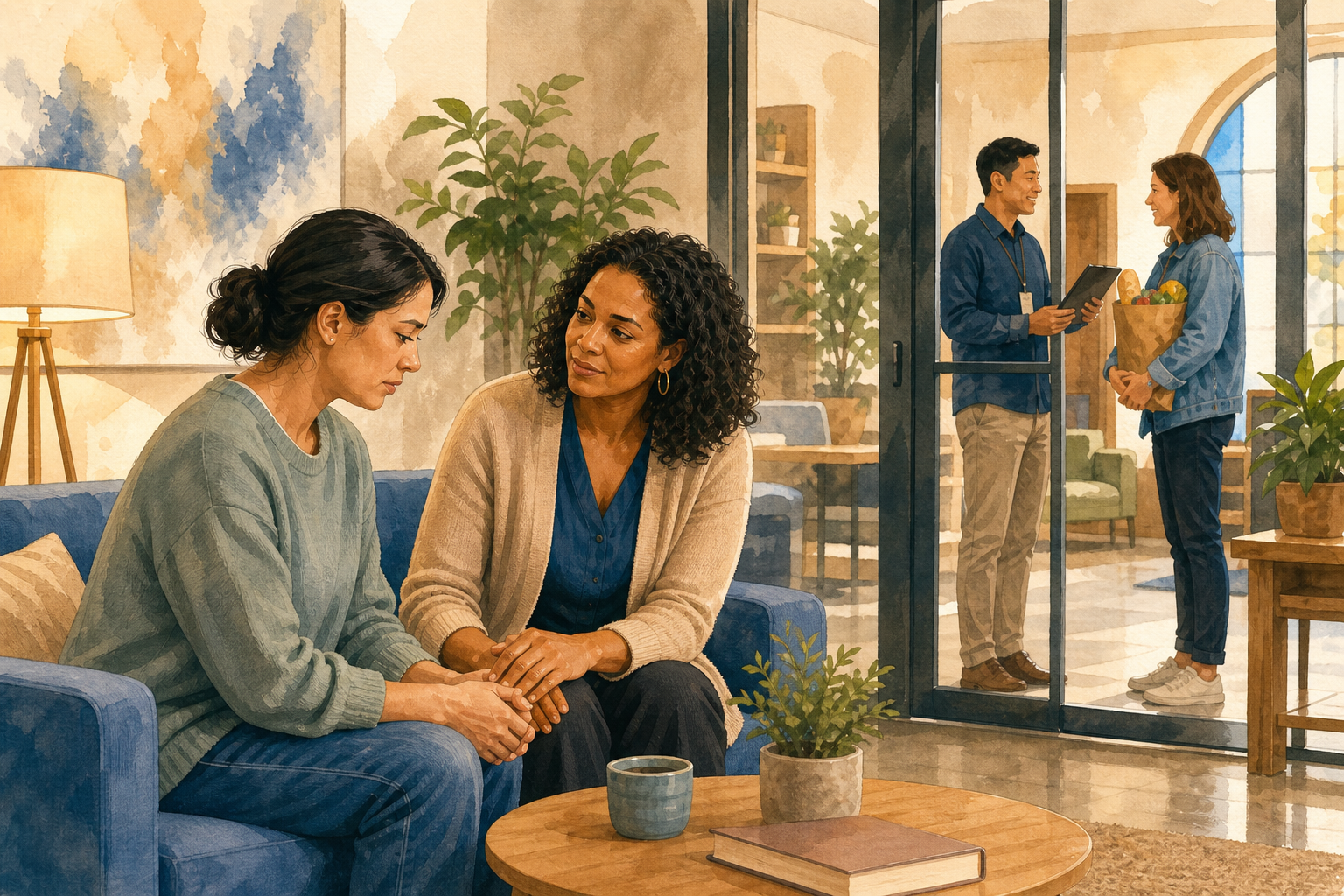 A community counselor listens privately to a distressed adult while a coordinator in the background arranges grocery support with a volunteer.