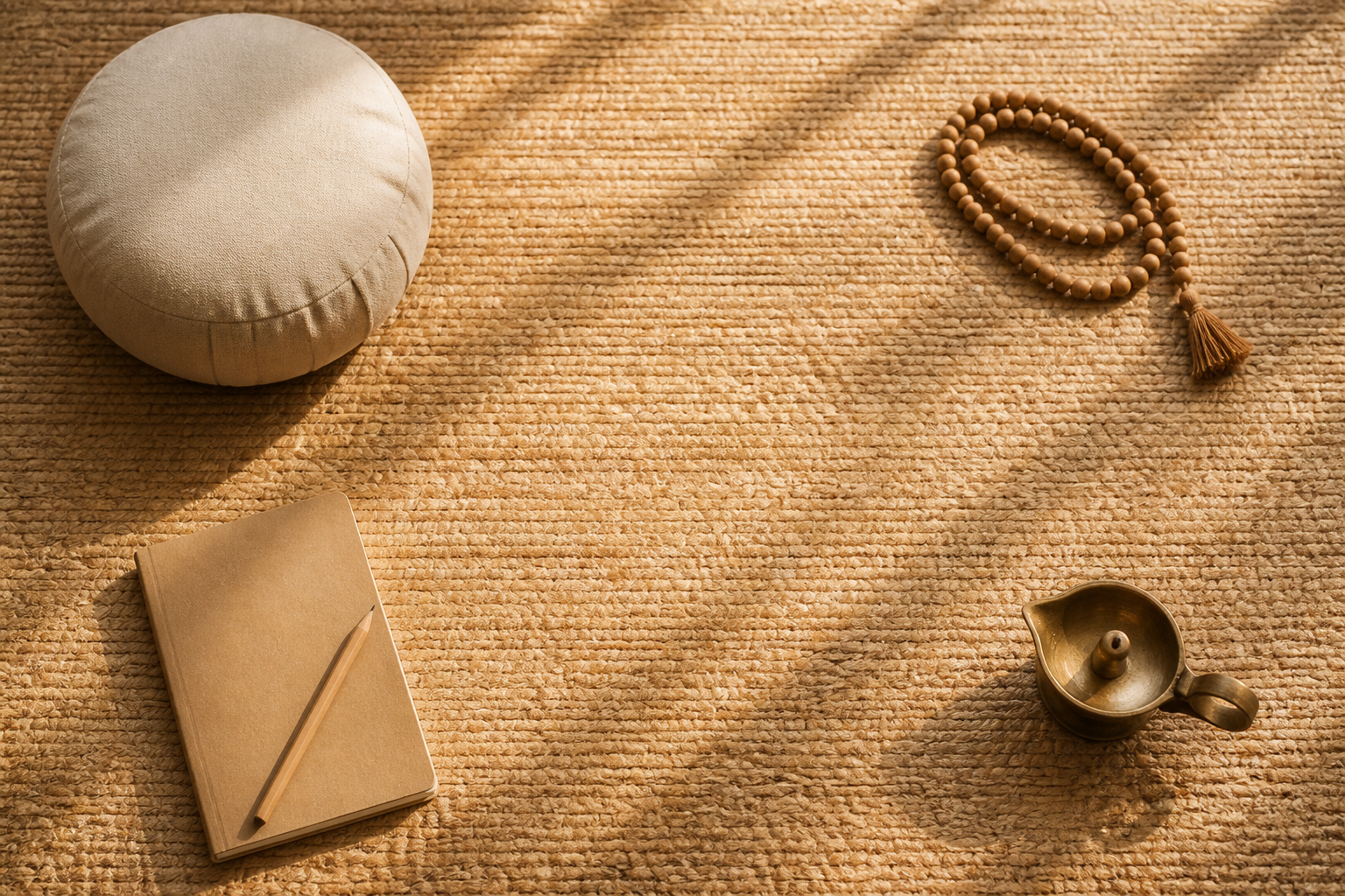A meditation cushion, wooden beads, closed notebook, pencil, and small oil lamp are arranged separately around an empty sunlit space.
