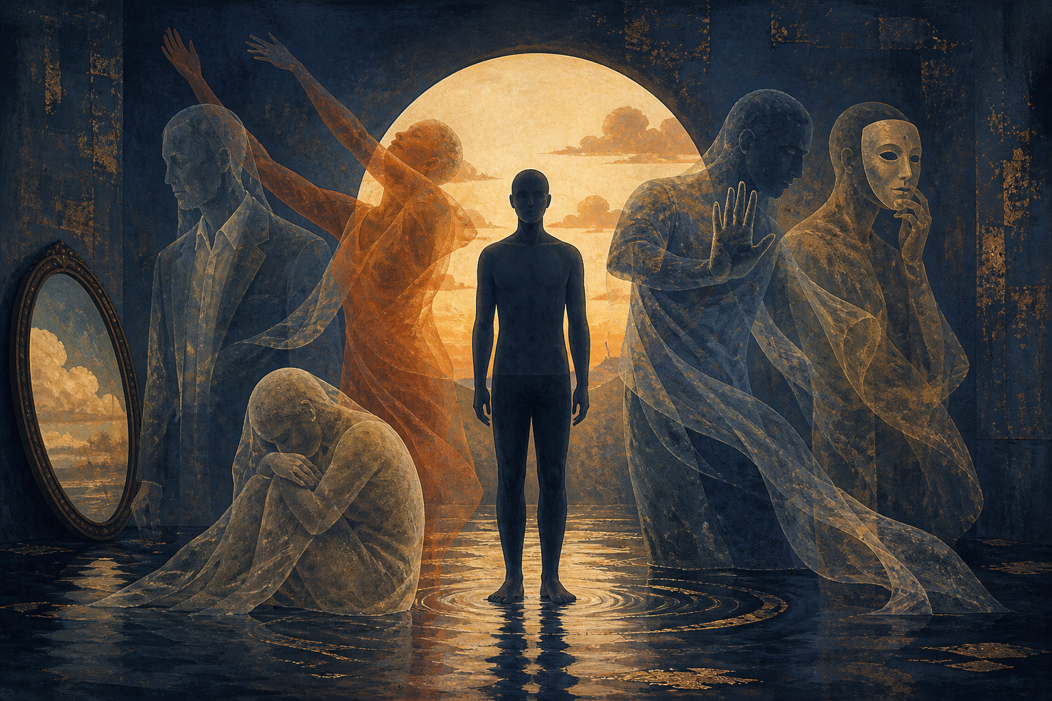 A still central figure is surrounded by overlapping translucent silhouettes in different clothing and emotional poses, with rippling reflections below and warm light behind.