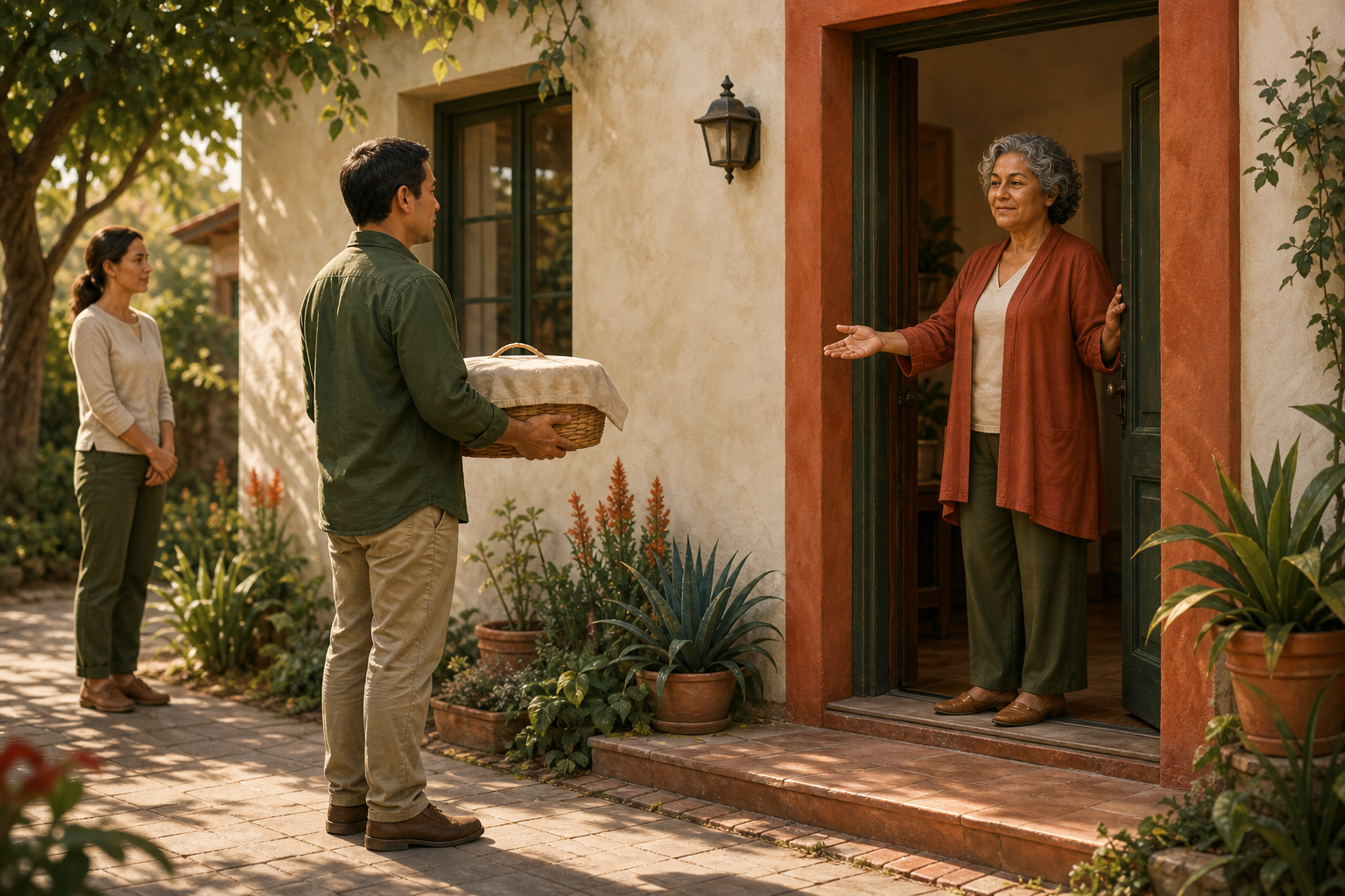 A resident at a home doorway signals consent as one volunteer offers a covered meal and another waits at a respectful distance.