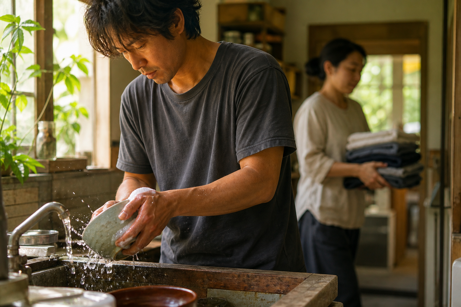 A person calmly washes a ceramic bowl in a sunlit kitchen while another person carries folded laundry in the background.