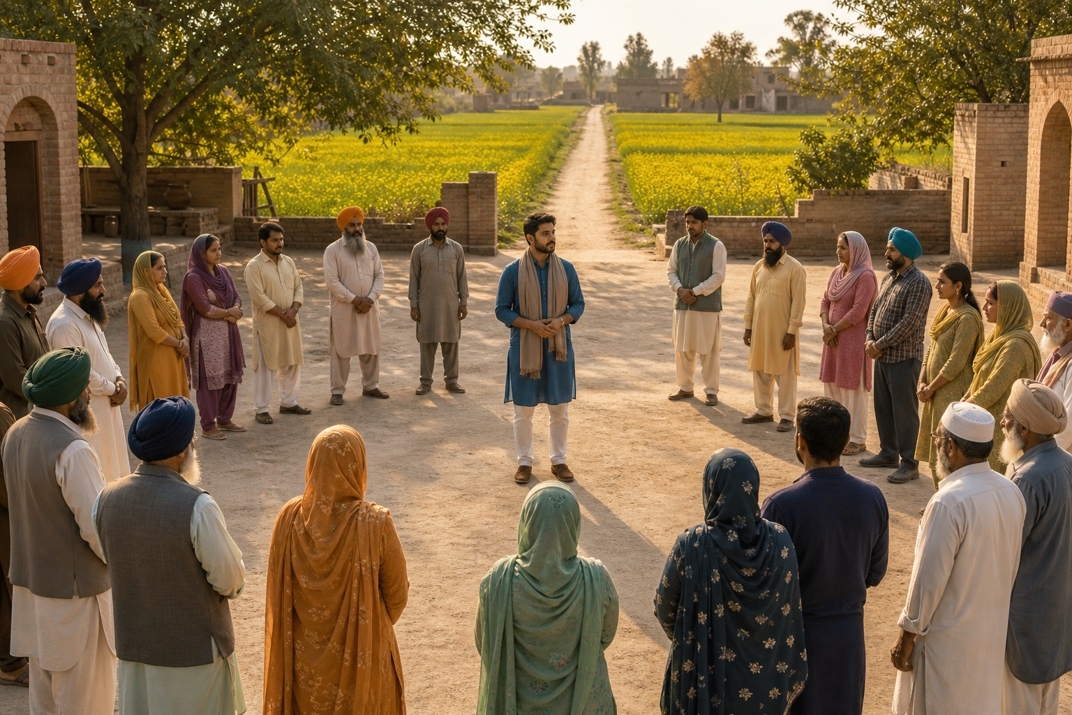 An adult stands in an open village courtyard in Punjab while a diverse circle of residents listens, with an unobstructed path visible behind the person.