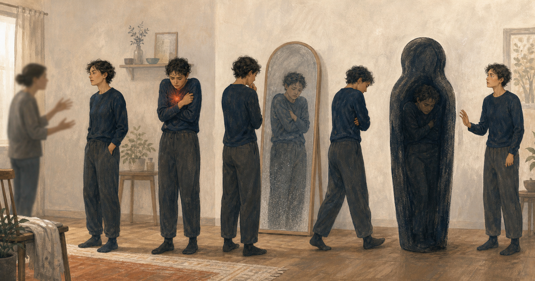 Five successive views of the same person show a critical interaction progressing from bodily tension to a defensive reaction and a rigid enclosing silhouette.