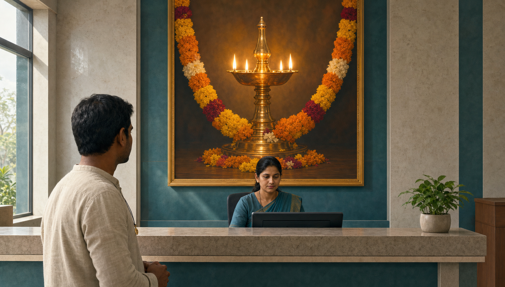 A visitor wearing a small pendant stands at a public counter beneath a large garlanded image of a ceremonial lamp installed behind the official desk.