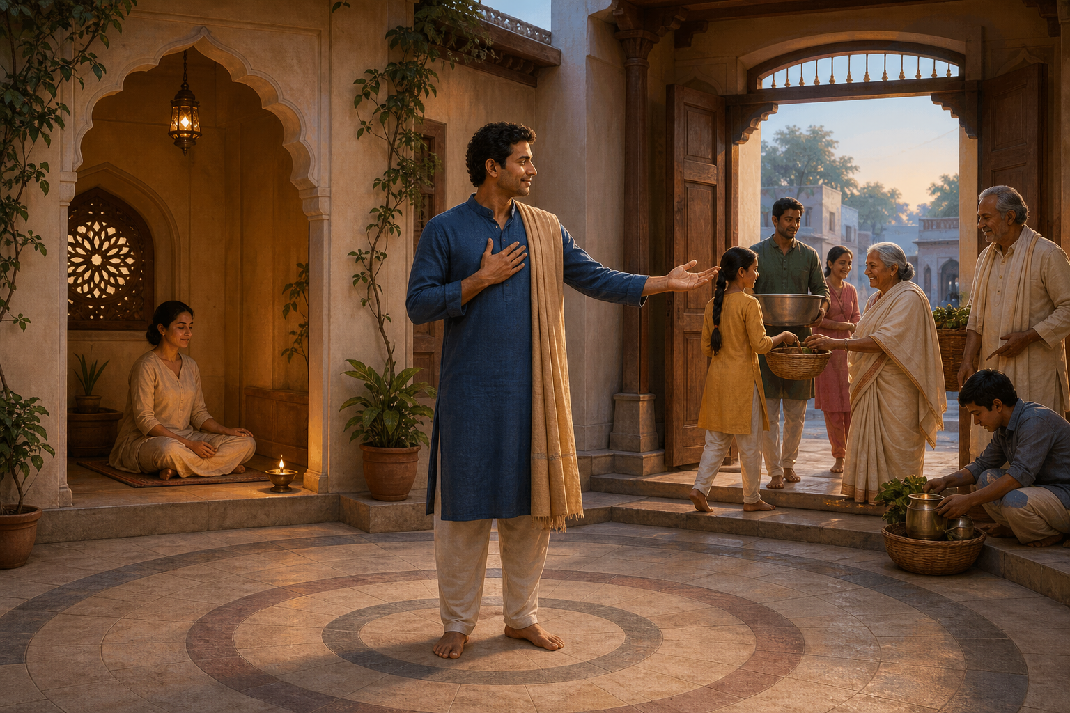 An adult stands in a home courtyard between a lamp-lit meditation alcove and family members and neighbors beginning their daily work.