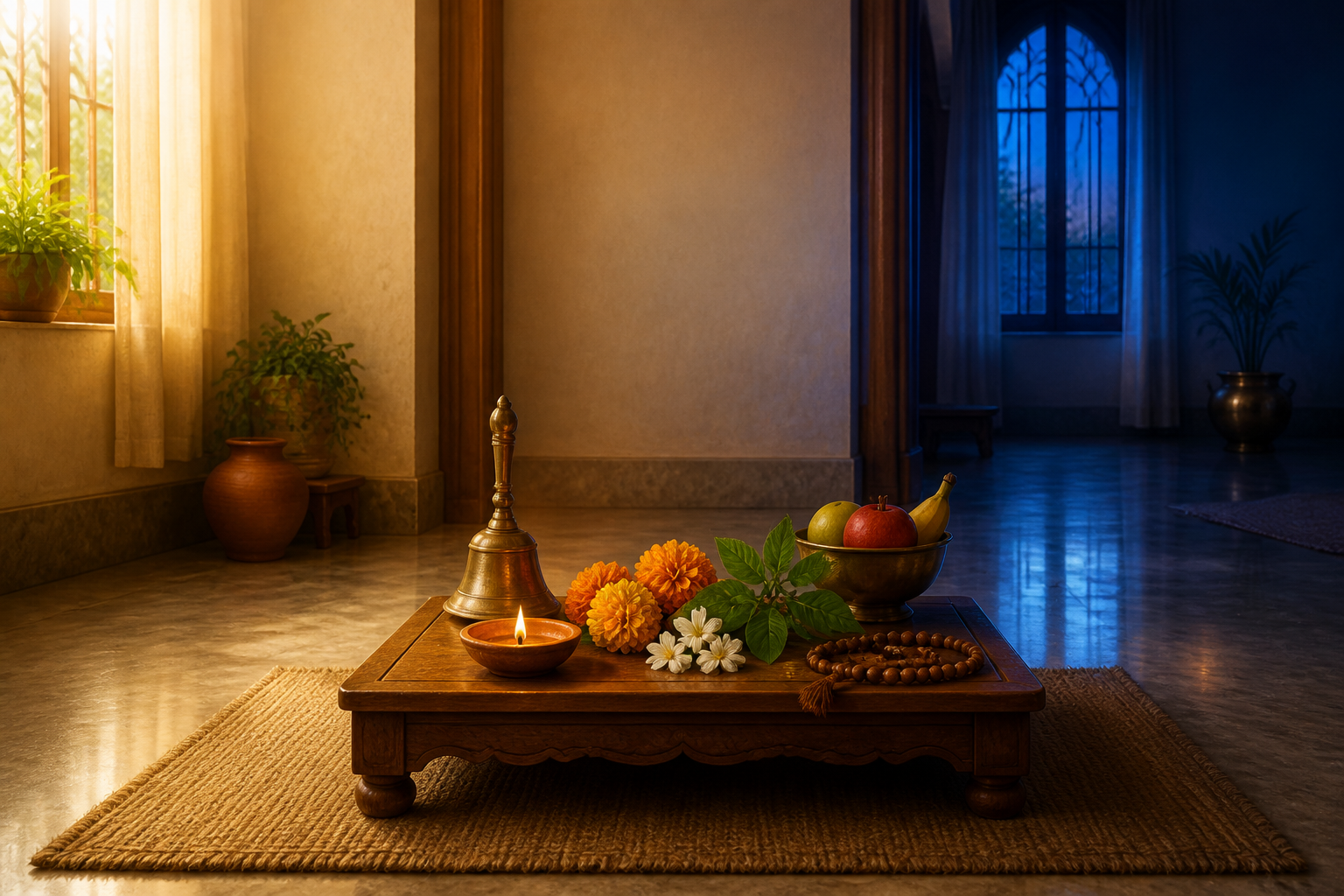A home prayer altar with a glowing clay lamp, flowers, tulsi leaves, fruit, and prayer beads, illuminated by light shifting from warm gold to evening blue.