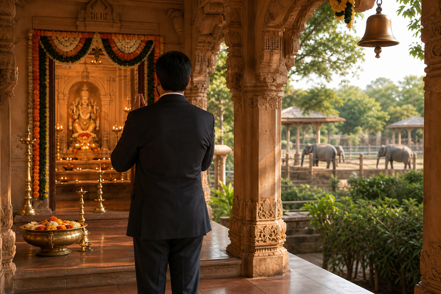 An anonymous male visitor offers a namaste at a Gujarati Hindu temple surrounded by greenery and an animal-care campus.