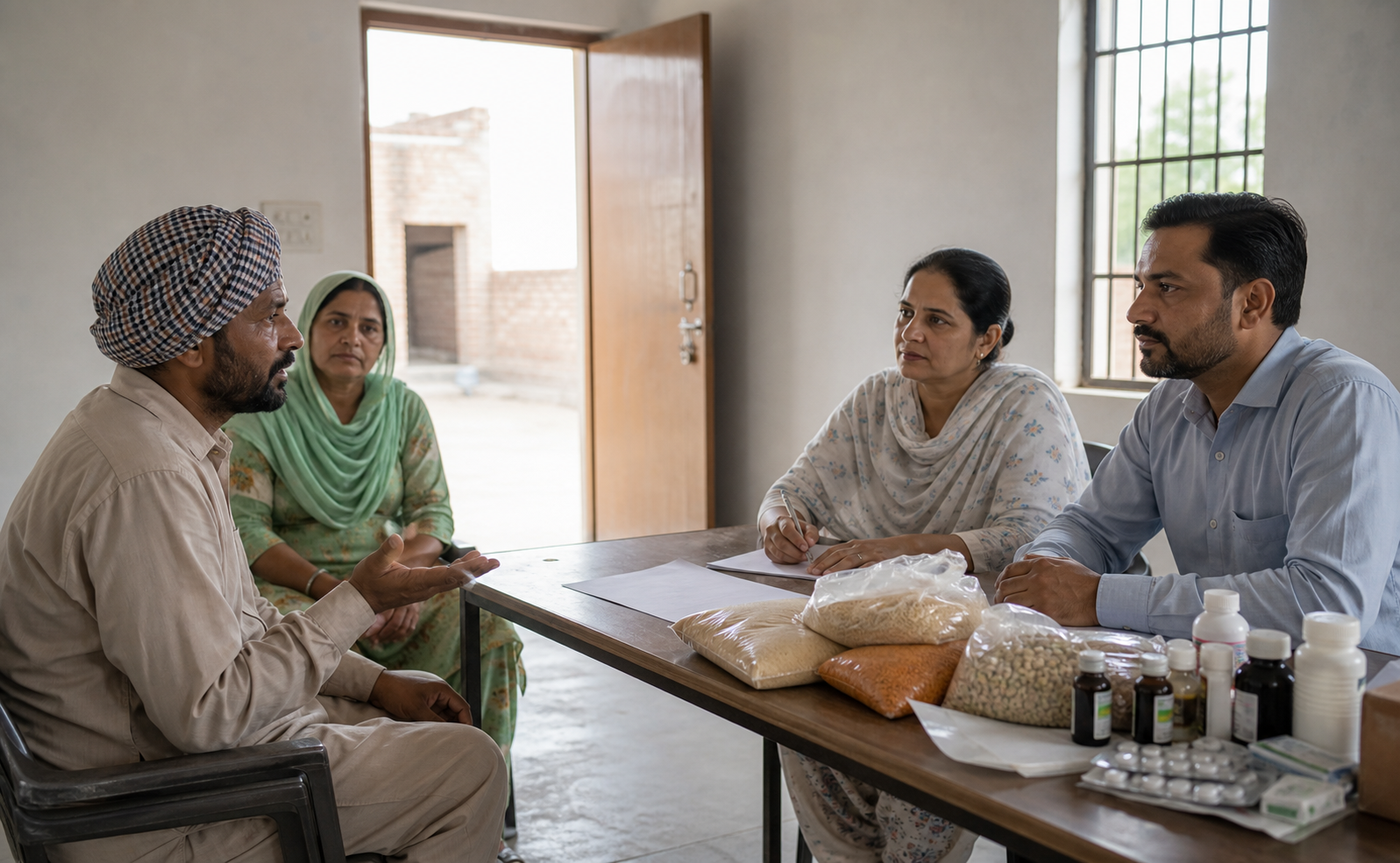 An adult speaks calmly with a counselor at a table while an open doorway suggests free choice and a distant fist-shaped shadow represents pressure.