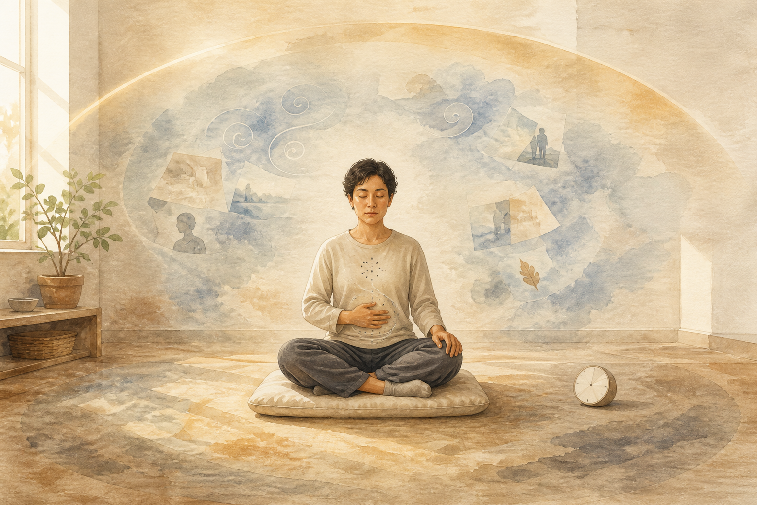 A person meditates on a cushion in a sunlit room, surrounded by subtle concentric layers of bodily pulses, emotional swirls, passing images, and open space.