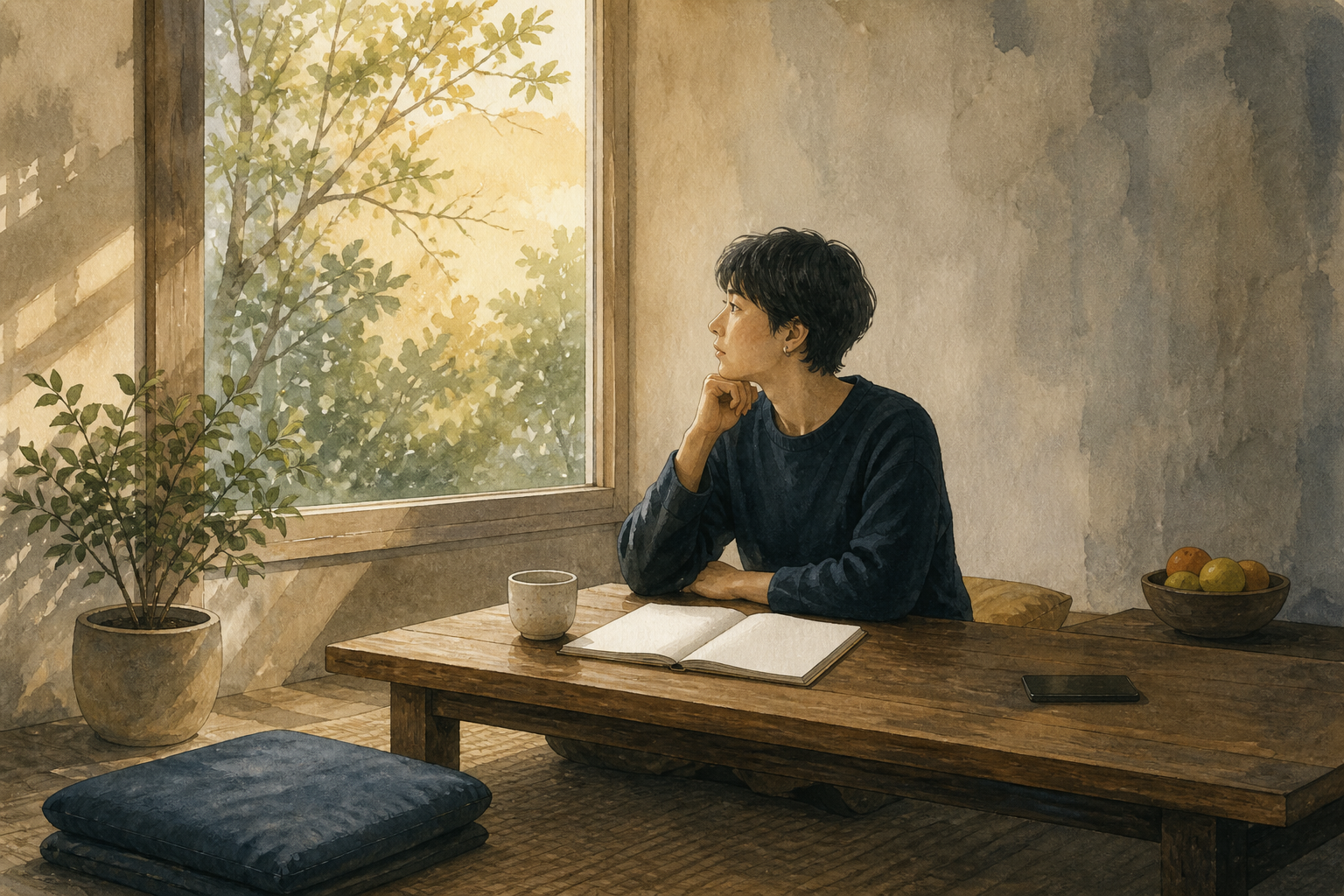 A person sits quietly at a low table in an orderly morning room with a blank notebook, a face-down phone, a cushion, a plant, and a bowl of fruit nearby.