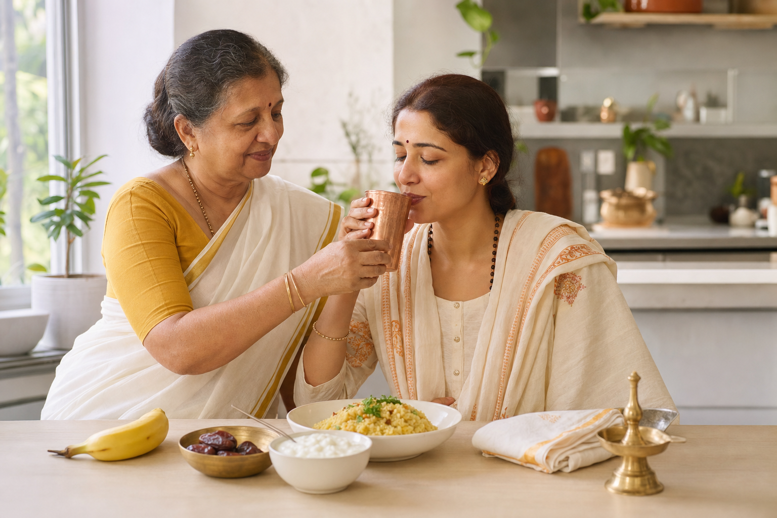 A devotee drinks water and begins a simple meal of khichdi, fruit and yogurt while an older relative sits nearby.