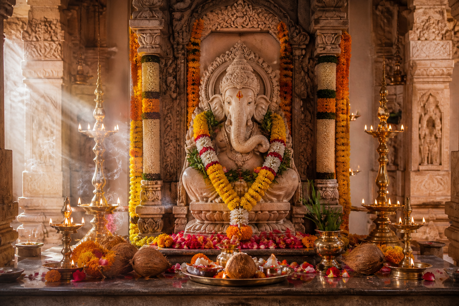 A Ganesha shrine is surrounded by carved pillars, oil lamps, marigold garlands, rose petals, coconuts, and ceremonial offerings.