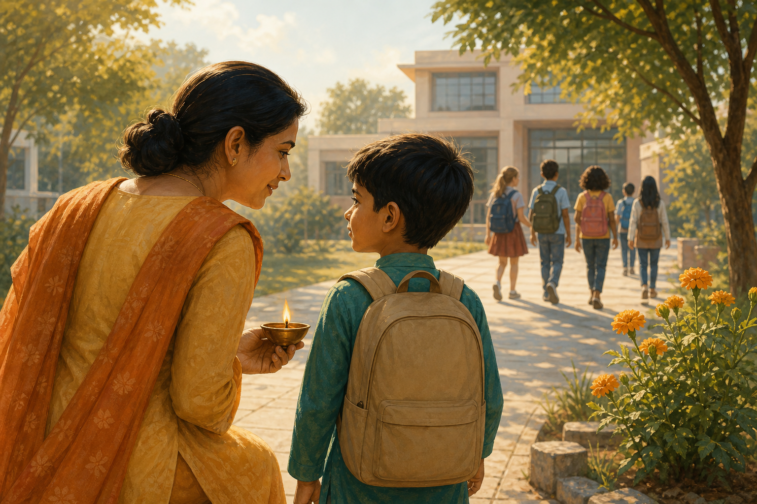 A parent listens to a child as they walk toward a modern school, with a small diya and marigold plant suggesting continuity between home and school.