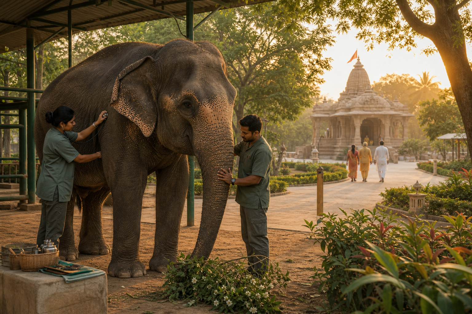 Animal-care professionals attend to an Asian elephant near shaded enclosures, with a Hindu temple visible across a landscaped courtyard.
