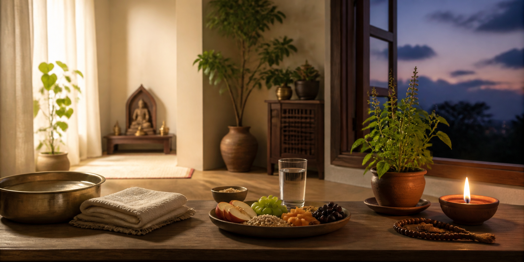 A panoramic home scene shows morning prayer items, a simple afternoon meal, and an evening oil lamp with tulsi and prayer beads.