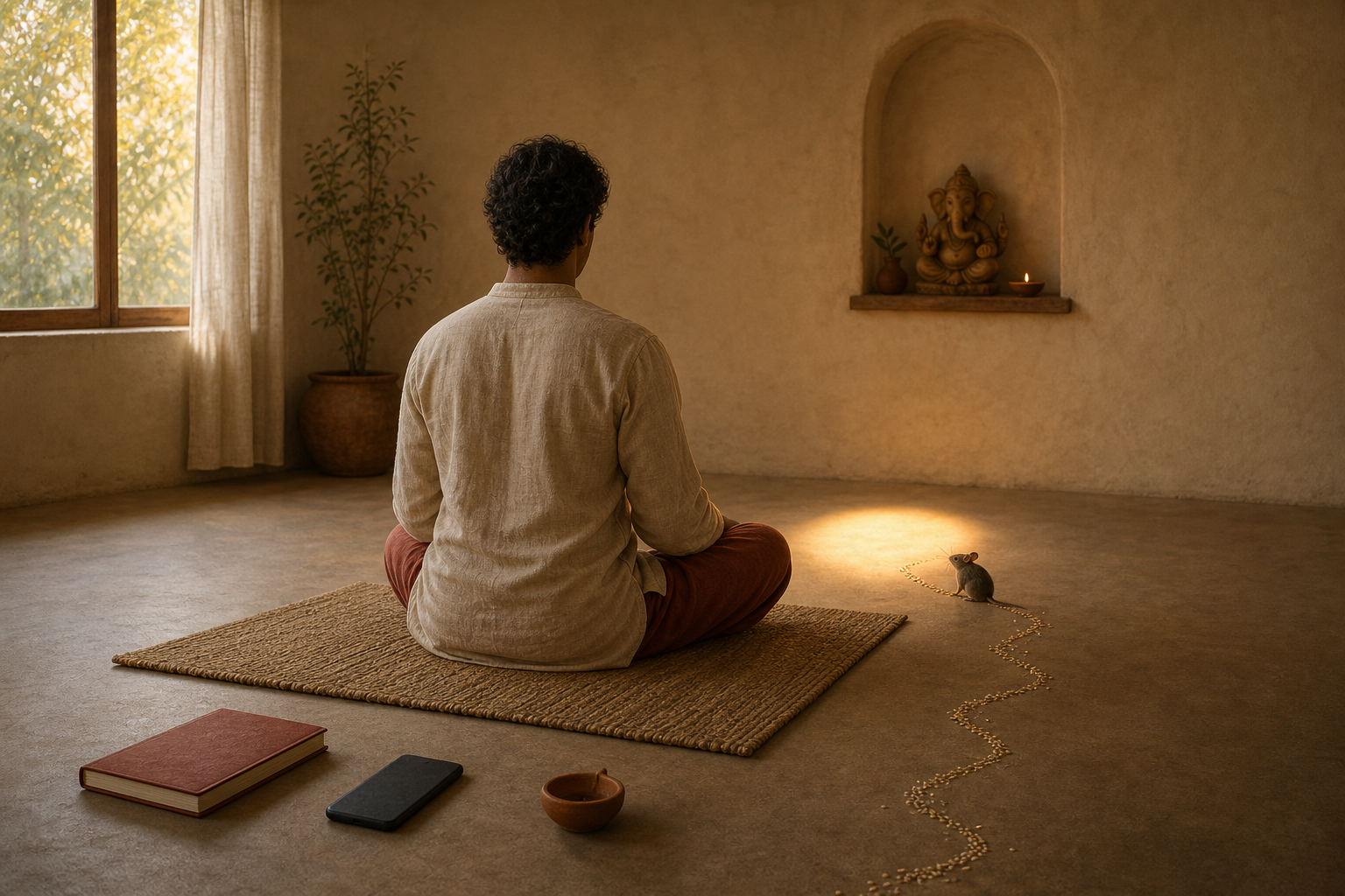 A person meditates on a woven mat while a small mouse pauses among scattered grains near a softly lit Ganesha figure.