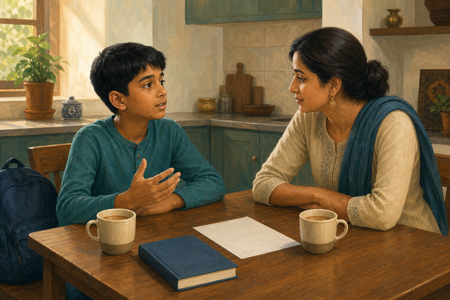 A parent listens calmly as a preteen describes a school experience at the family kitchen table.