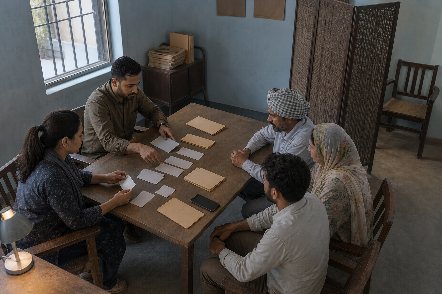 Three Punjabi family members compare information on a phone, laptop, and printed page before responding to a claim.