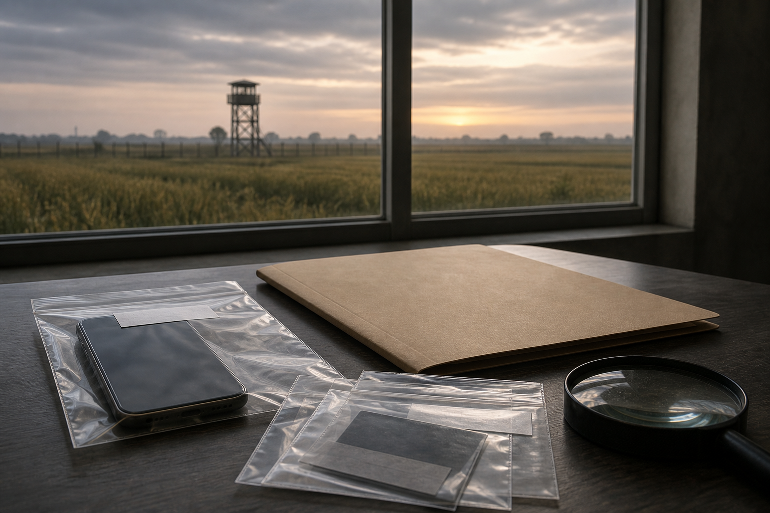 A smartphone, evidence sleeves, a magnifying glass, and an unmarked case folder on a table overlooking misty Punjab farmland.