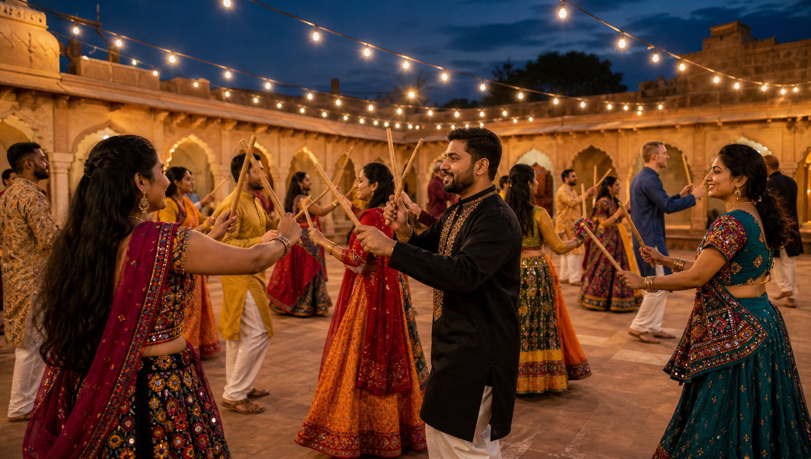 Indian hosts and international guests dance with wooden dandiya sticks in a warmly lit courtyard at dusk.