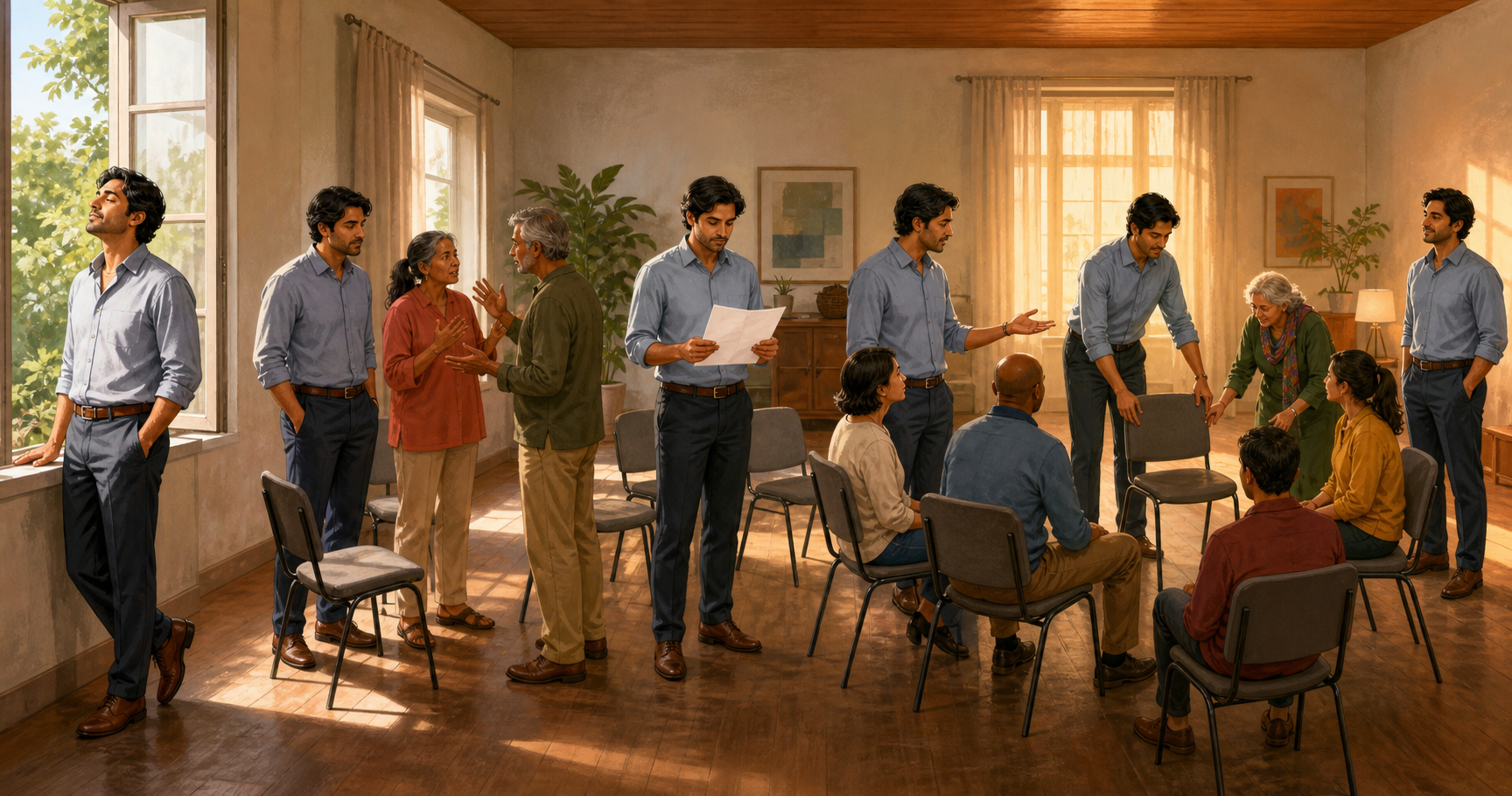 Repeated views of one person show them pausing, listening, considering, speaking, arranging chairs, and standing calmly during a group discussion.
