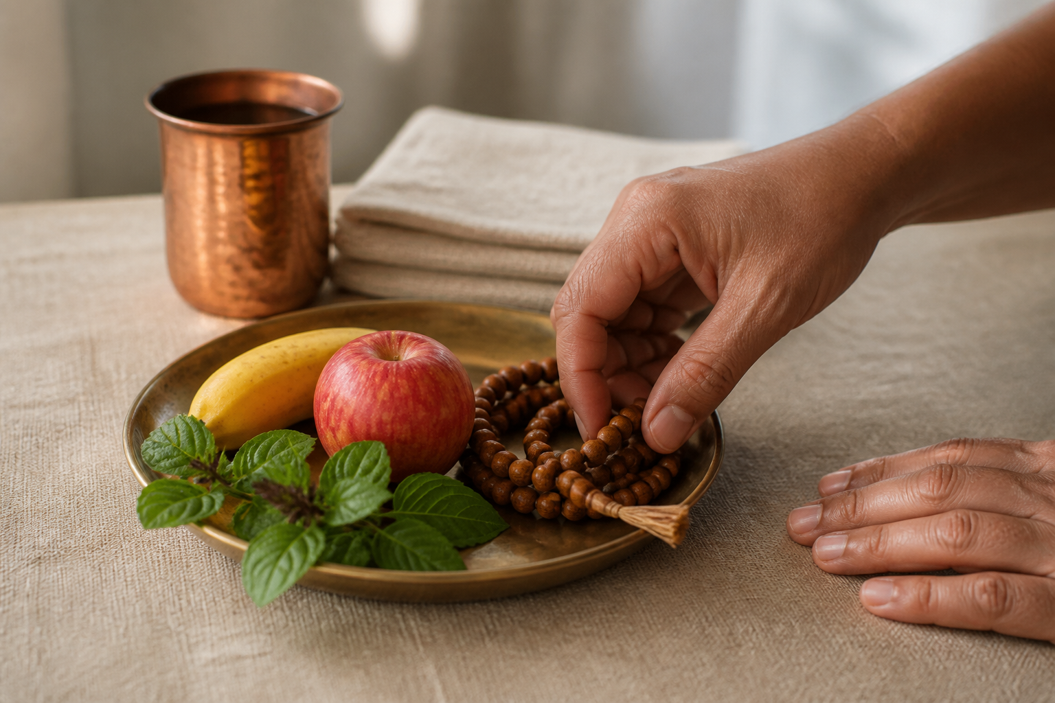 A person's hands choose prayer beads from a simple arrangement of water, fruit, tulsi leaves, and a folded meditation cloth.