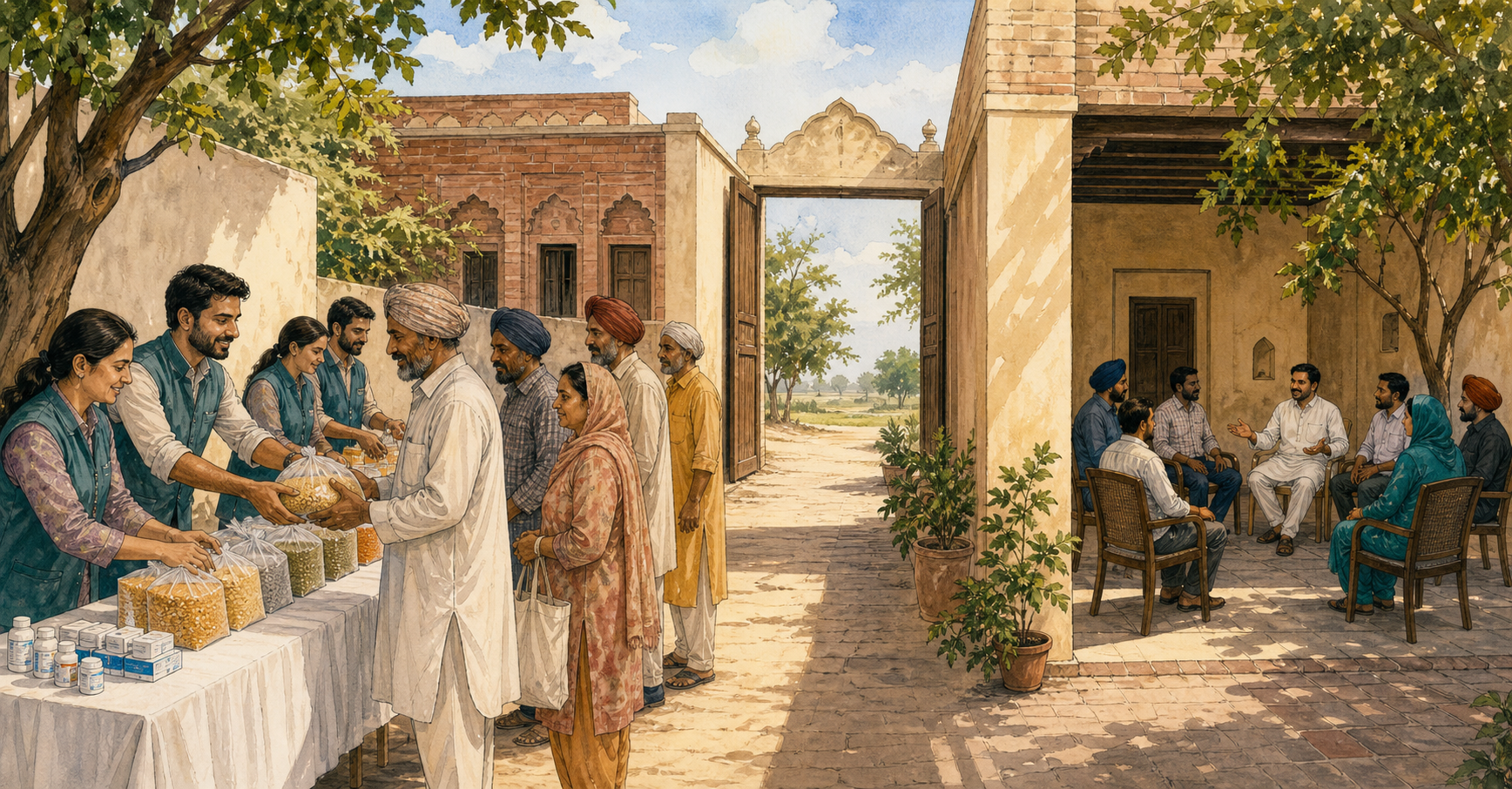 An adult receives support from two helpers in a bright room with two equally open doors and a protective arch of light overhead.
