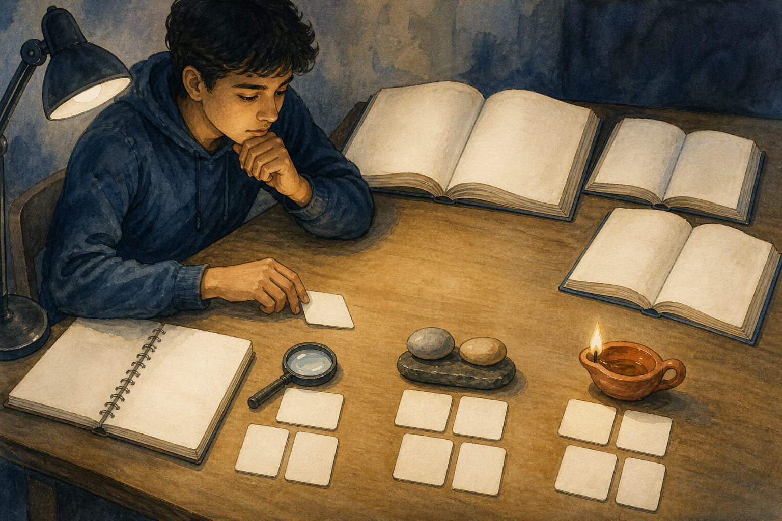 A teenager studies blank books and sorts unmarked cards beside a magnifying glass, balanced stones, and a clay lamp.