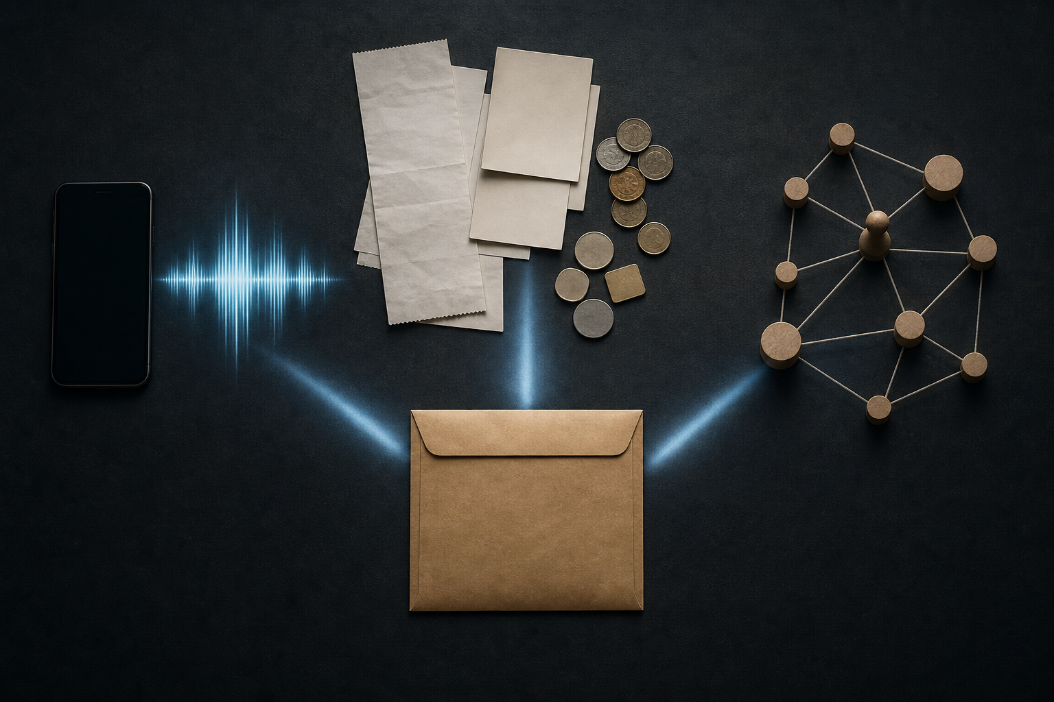 Four separate groups of location, phone, travel, and chain-of-custody evidence arranged on a forensic worktable.