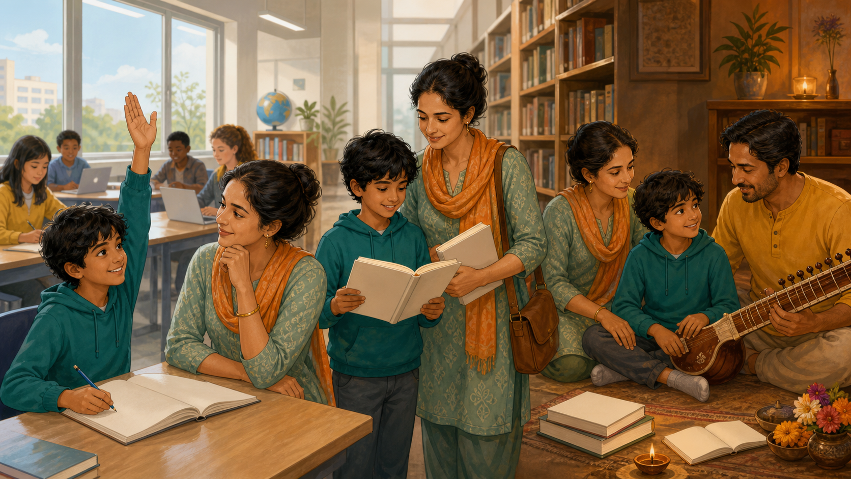 A child learns in a diverse classroom, reads with a parent, and joins a quiet family practice at home in three connected scenes.
