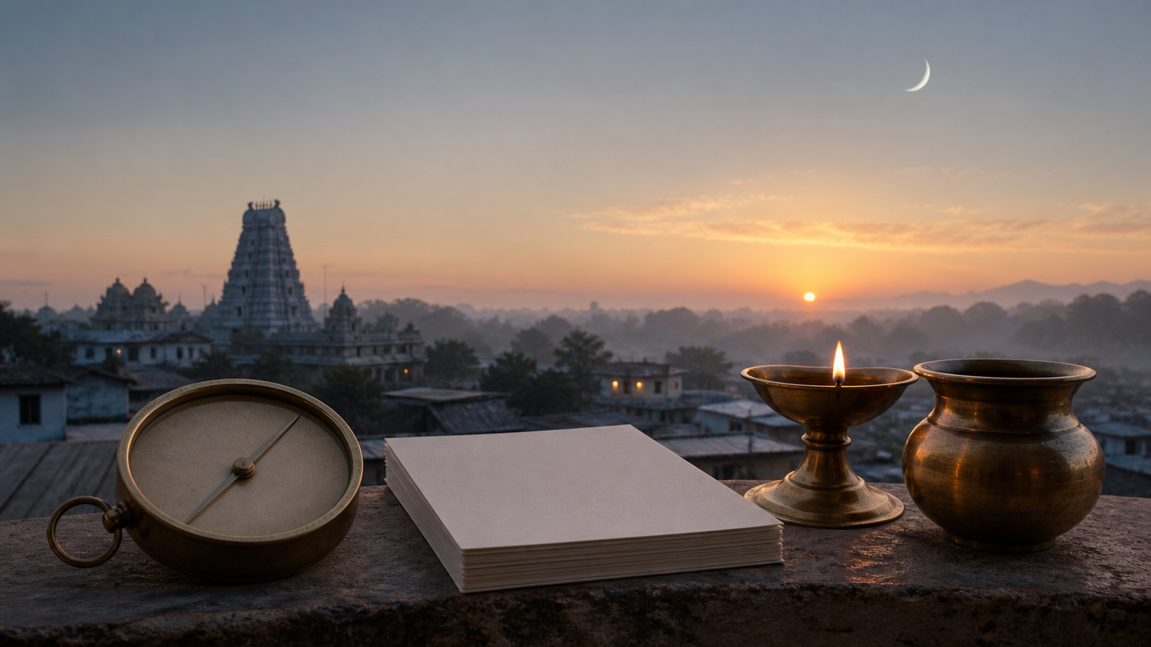 A local sunrise over homes and a temple appears beyond a prayer ledge holding an unmarked compass, plain papers, a lamp, and a water vessel.