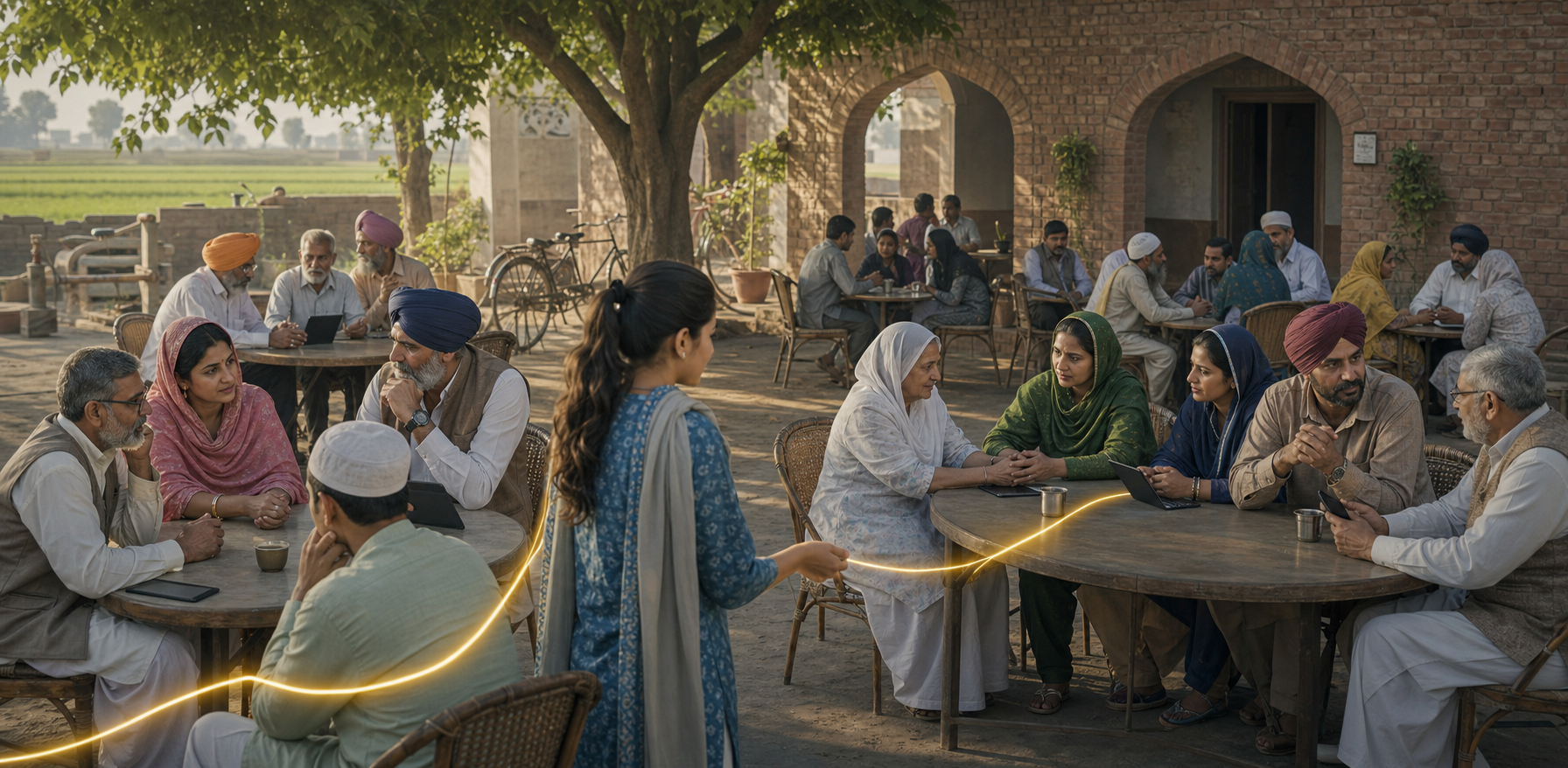 Punjabi residents from different generations and faiths coordinate support and fact-checking at connected tables in a community courtyard.
