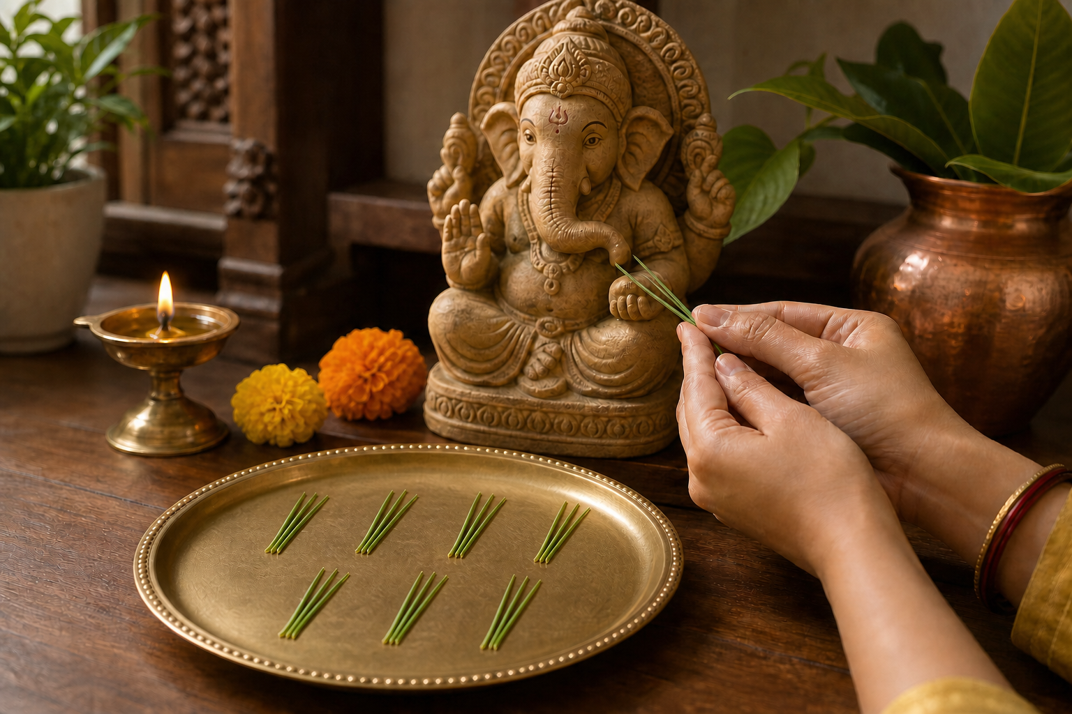 A devotee offers fresh durva grass to a small Ganesha murti beside a brass plate holding twenty-one blades arranged in seven groups of three.