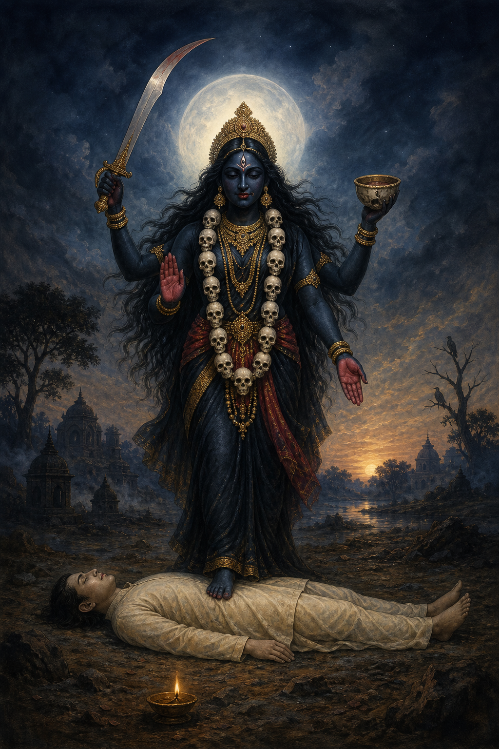 Shavavahini Kali stands above a peaceful, motionless human form in a moonlit cremation-ground landscape, with a small oil lamp glowing near the horizon.